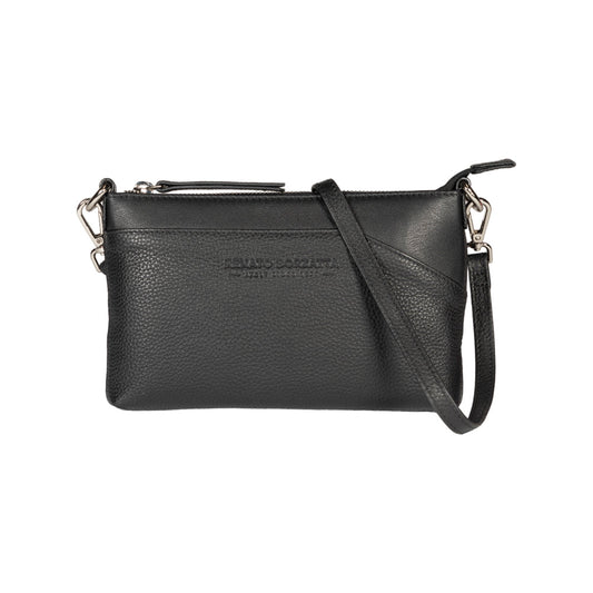 Black leather crossbody bag with visible brand name on a white background