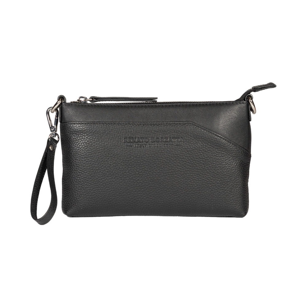 Black leather clutch bag with a strap on a white background
