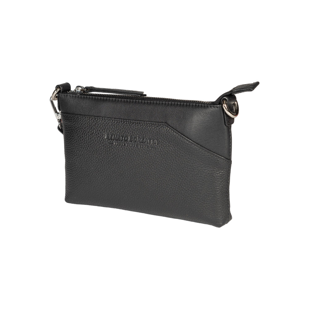 Black leather pouch with a brand logo on a white background