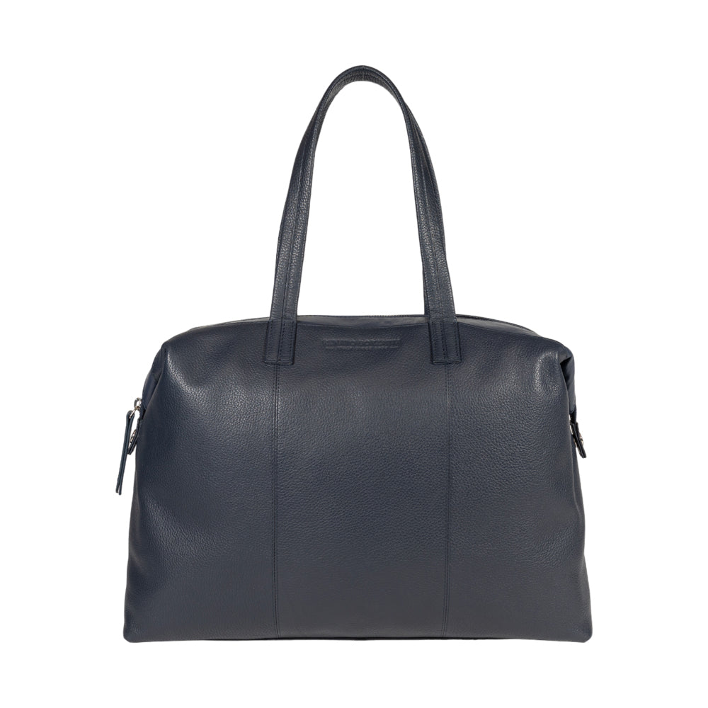 Black leather handbag on a white background