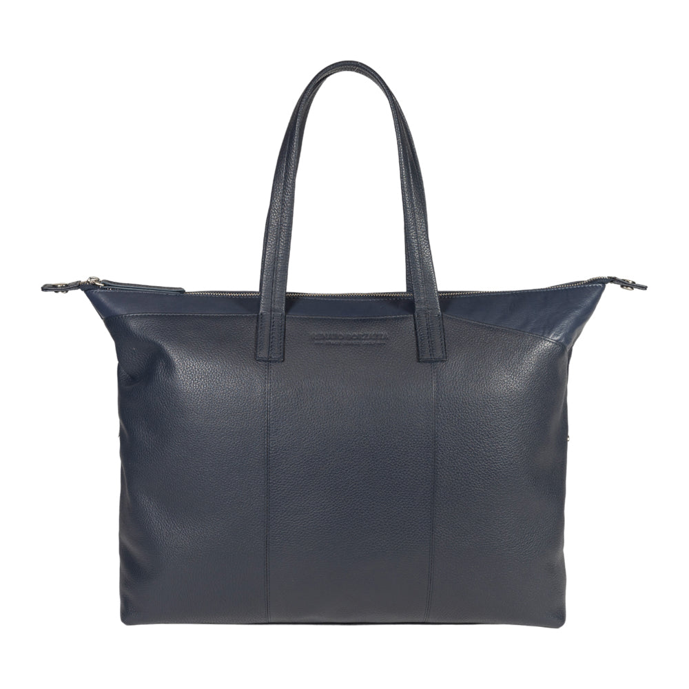 Black leather tote bag on a white background