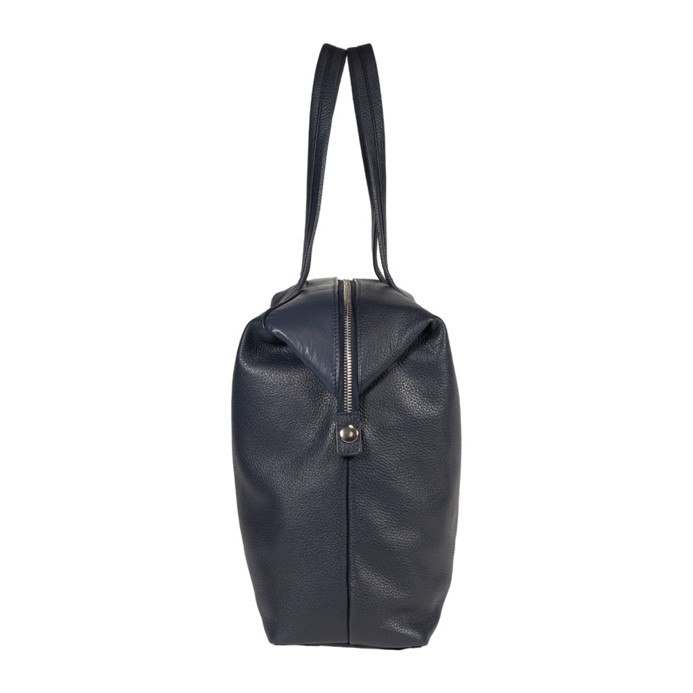 Black leather bag with a zipper on a white background