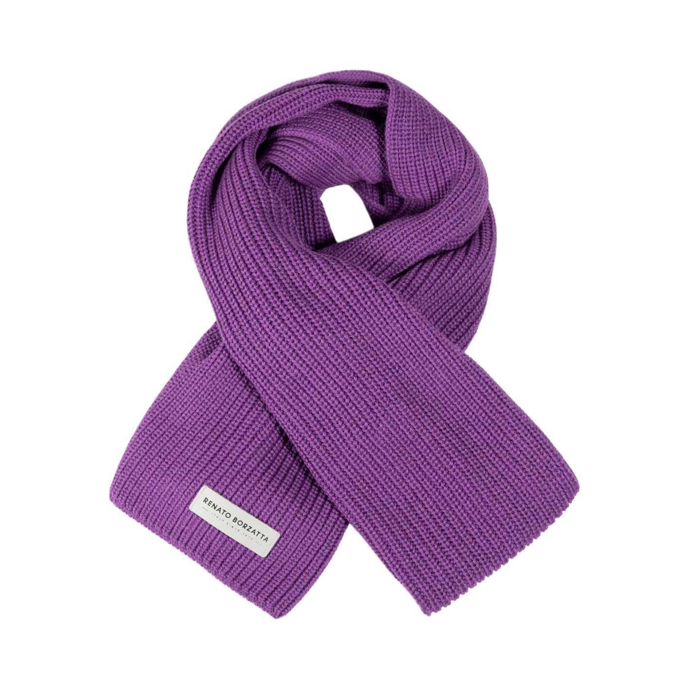 Purple scarf with a brand label on a white background