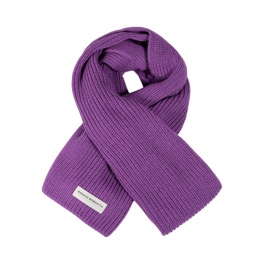 Purple scarf with a brand label on a white background
