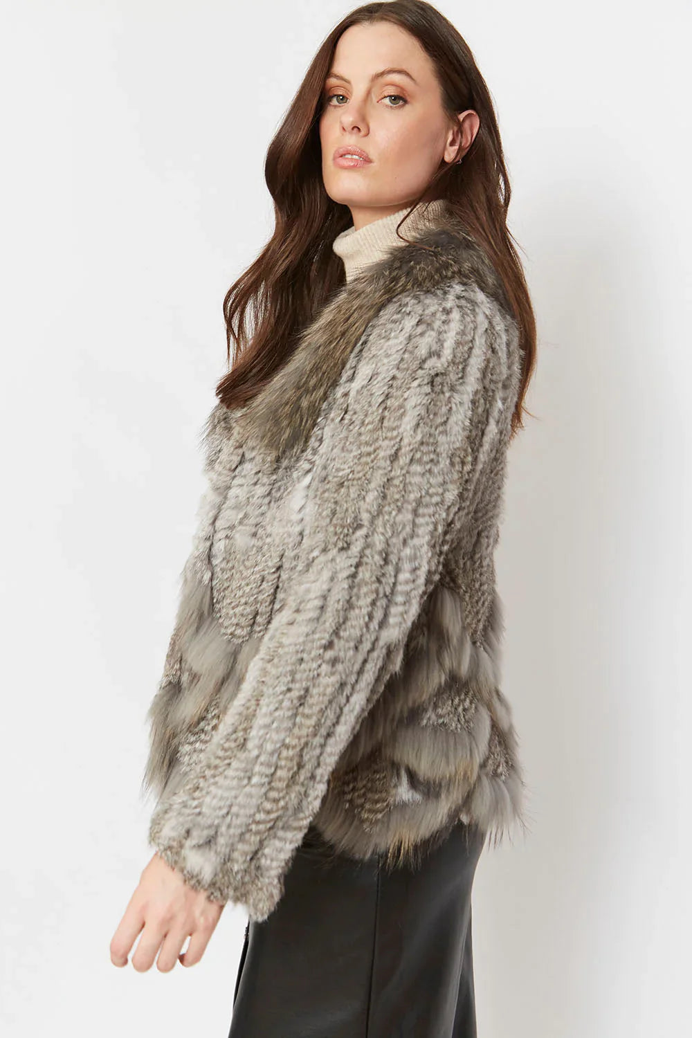 Grey Coney Fur Jacket with Fox Collar - Scalloped