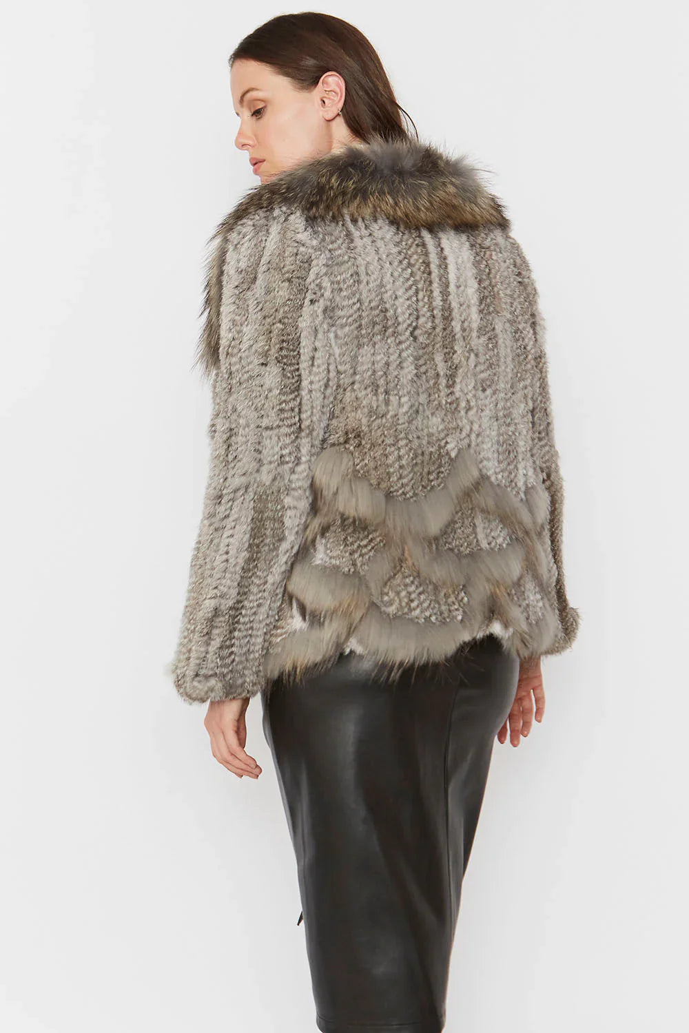 Grey Coney Fur Jacket with Fox Collar - Scalloped