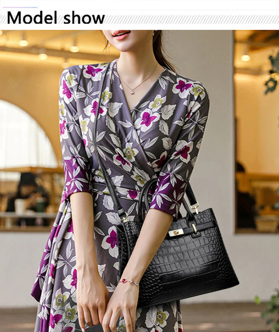 Women's Crocodile Pattern Shoulder Tote Bag