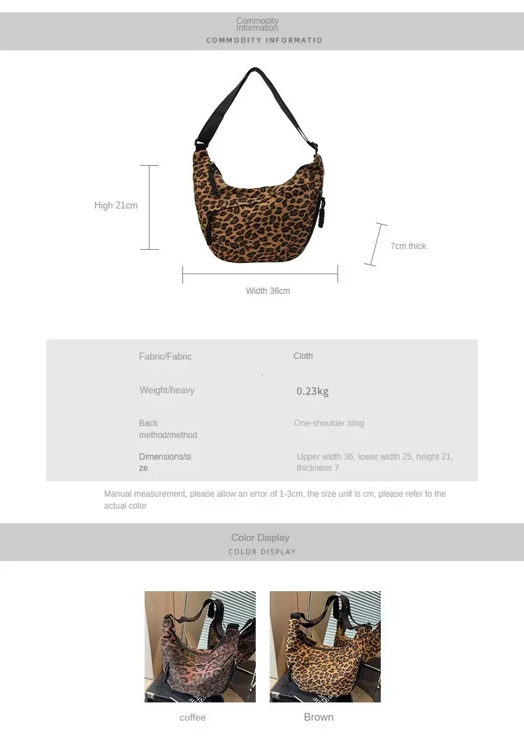 Leopard print handbag with dimensions and material details on a gray background