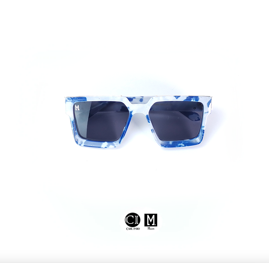 Sunglasses with blue and white pattern on a white background