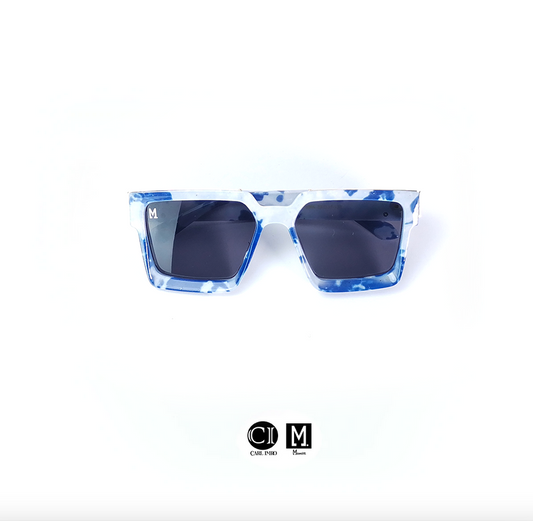 Sunglasses with blue and white pattern on a white background