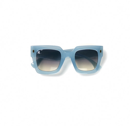 Blue sunglasses with a gradient lens on a white background