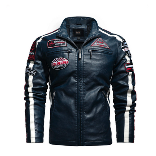 Black leather jacket with patches on a white background
