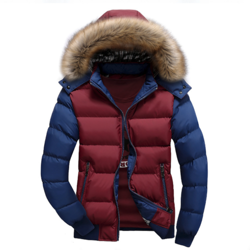 Red and blue puffer jacket with fur-lined hood on a white background