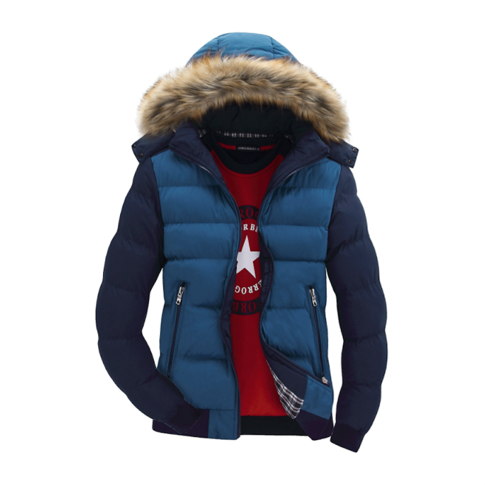 Men's Two-Tone Puffer Jacket - Removable Hood