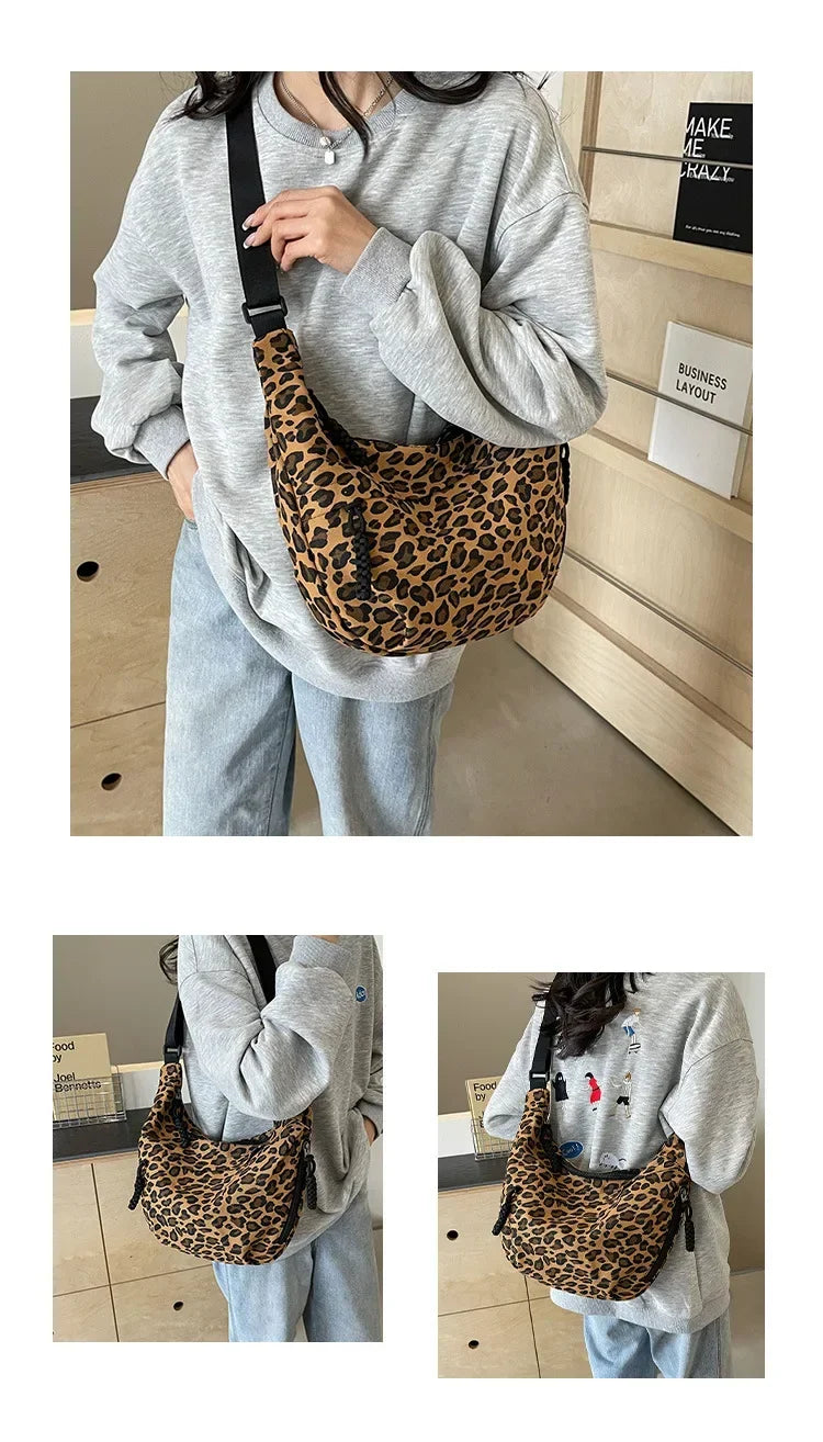 Person wearing a leopard print bag in various poses indoors.