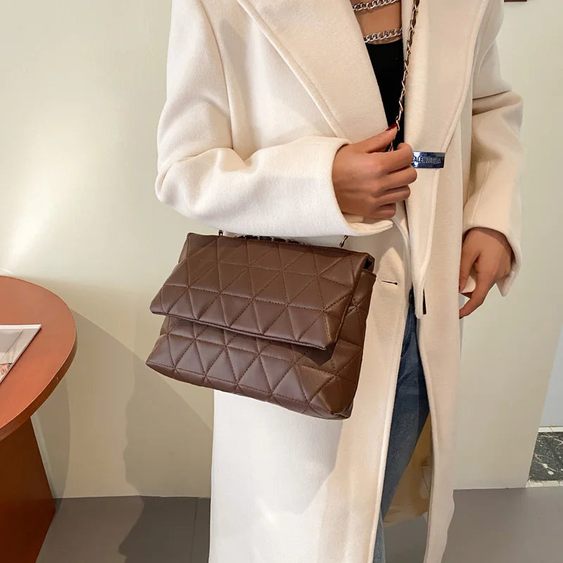 Plaid Embroidered Crossbody Bag with Chain Strap