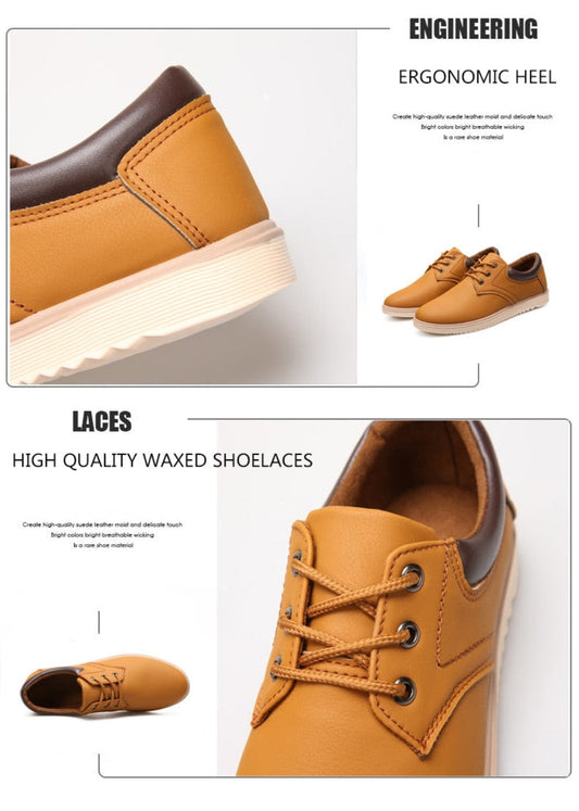 Brown shoes with laces on a white background, featuring text about engineering and quality.