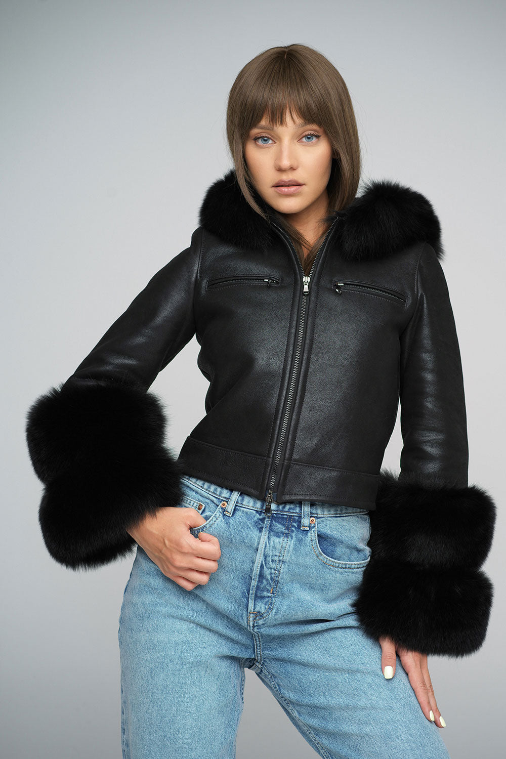Black Leather Jacket with Fox Fur Collar & Cuffs