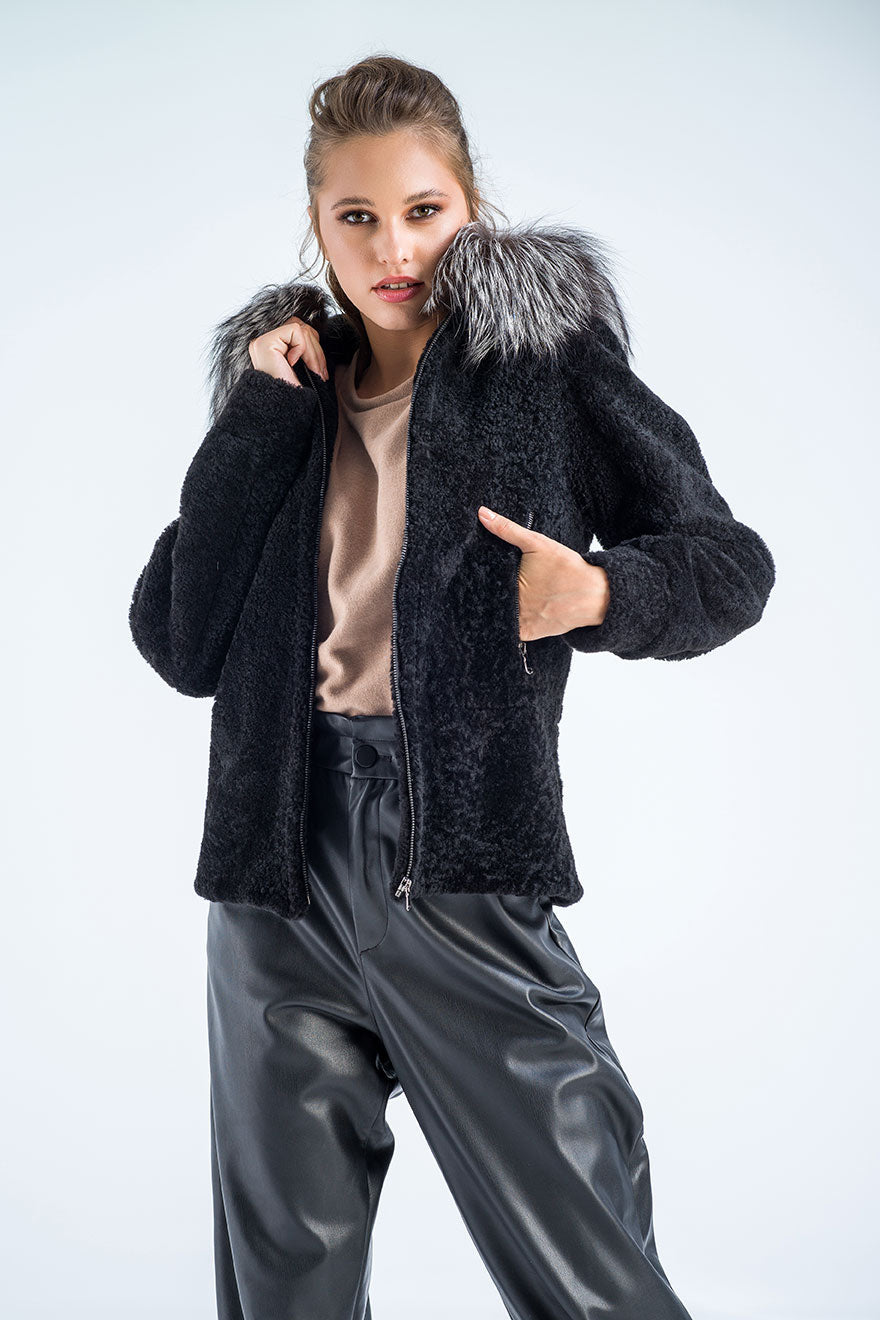 Black Sheepskin Hooded Jacket - Raccoon Fur Trim