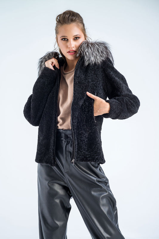 Black Sheepskin Hooded Jacket - Raccoon Fur Trim