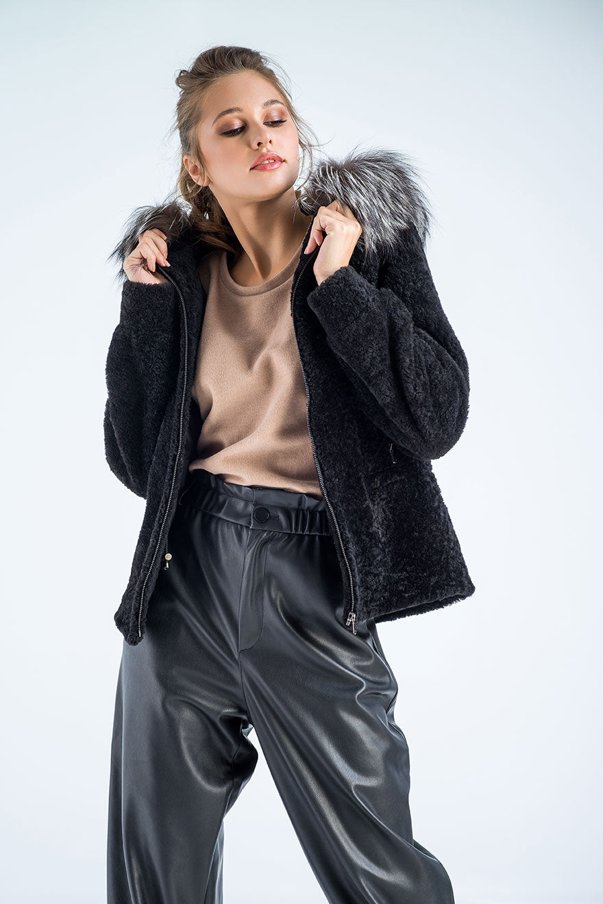 Black Sheepskin Hooded Jacket - Raccoon Fur Trim