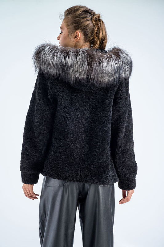 Black Sheepskin Hooded Jacket - Raccoon Fur Trim