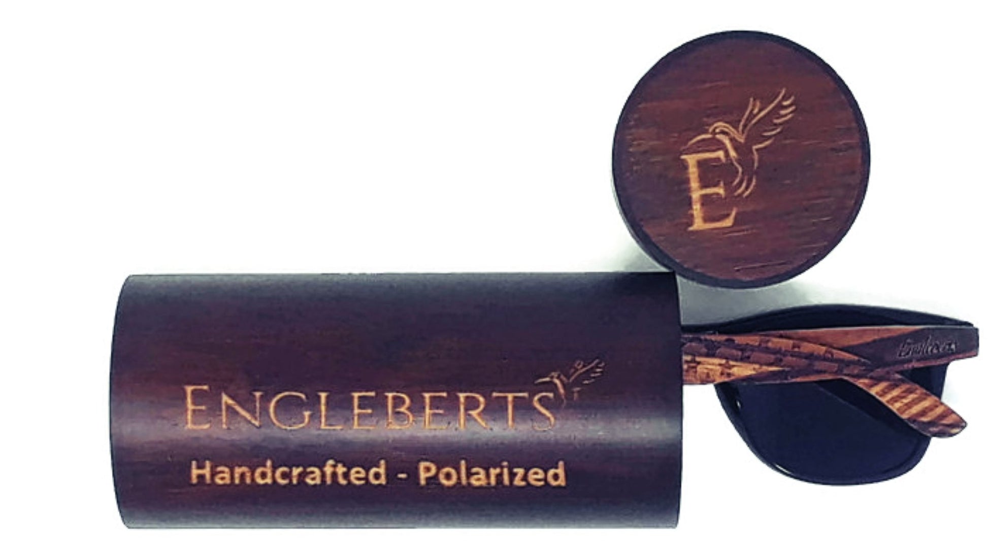Wooden sunglasses case with 'Engleberts' branding on a white background
