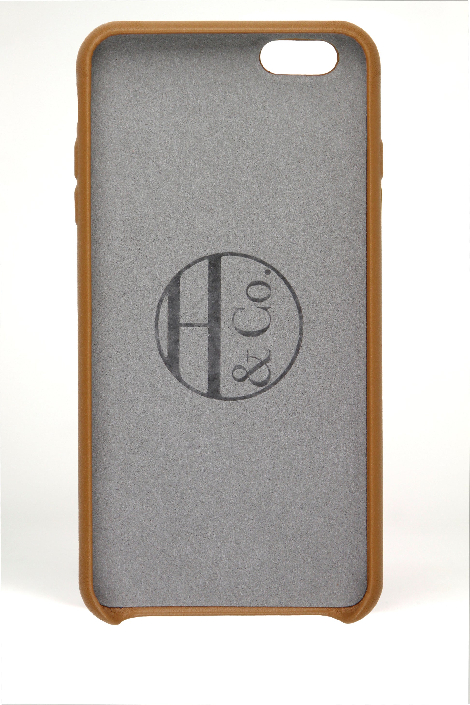 Phone case with 'H & Co' logo on a gray background