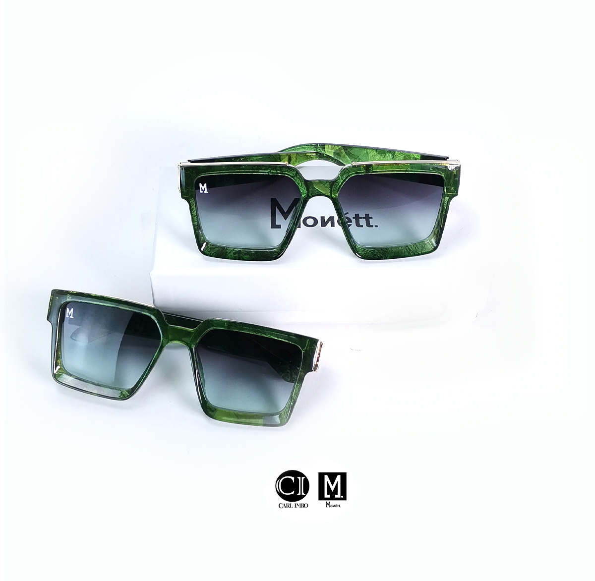Green sunglasses with a brand logo on a white background