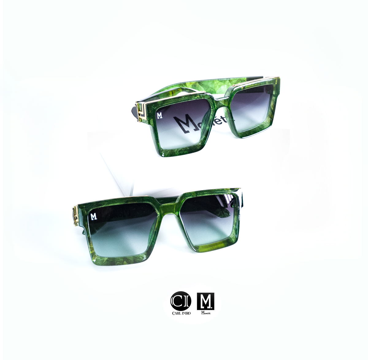 Green sunglasses with a brand logo on a white background