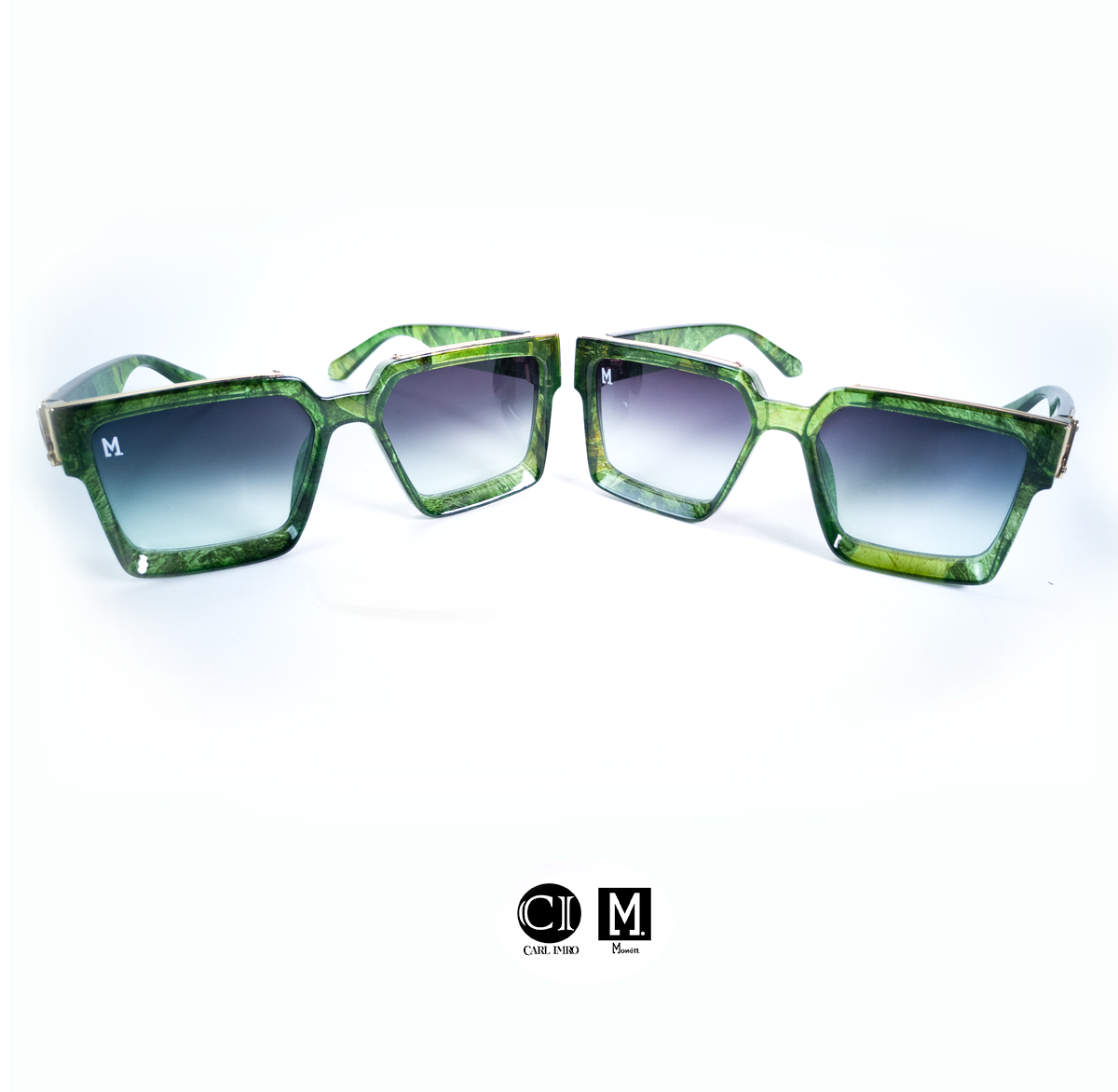 Green sunglasses with a brand logo on a white background