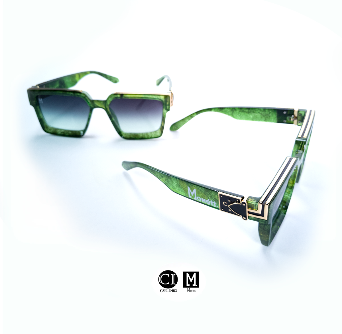 Green sunglasses with gold accents on a white background