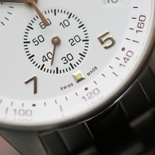 Close-up of a watch face with 'Swiss Made' indicator