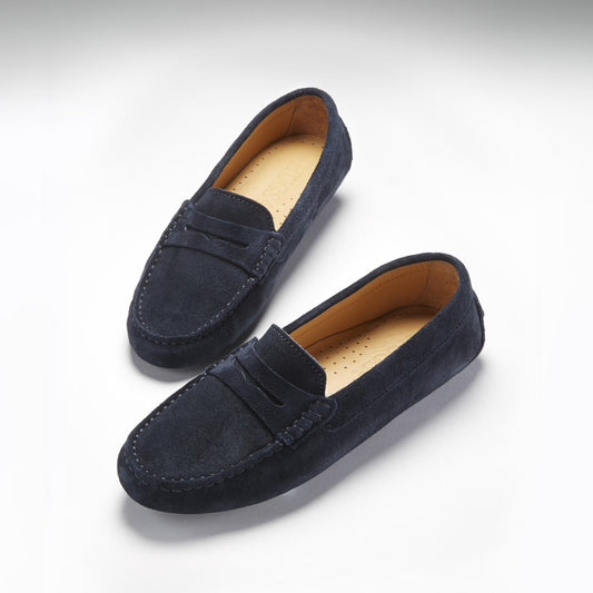 Women's Navy Blue Suede Penny Driving Loafers