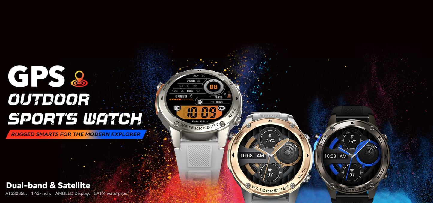 Three GPS outdoor sports watches displayed against a dark background with colorful accents.