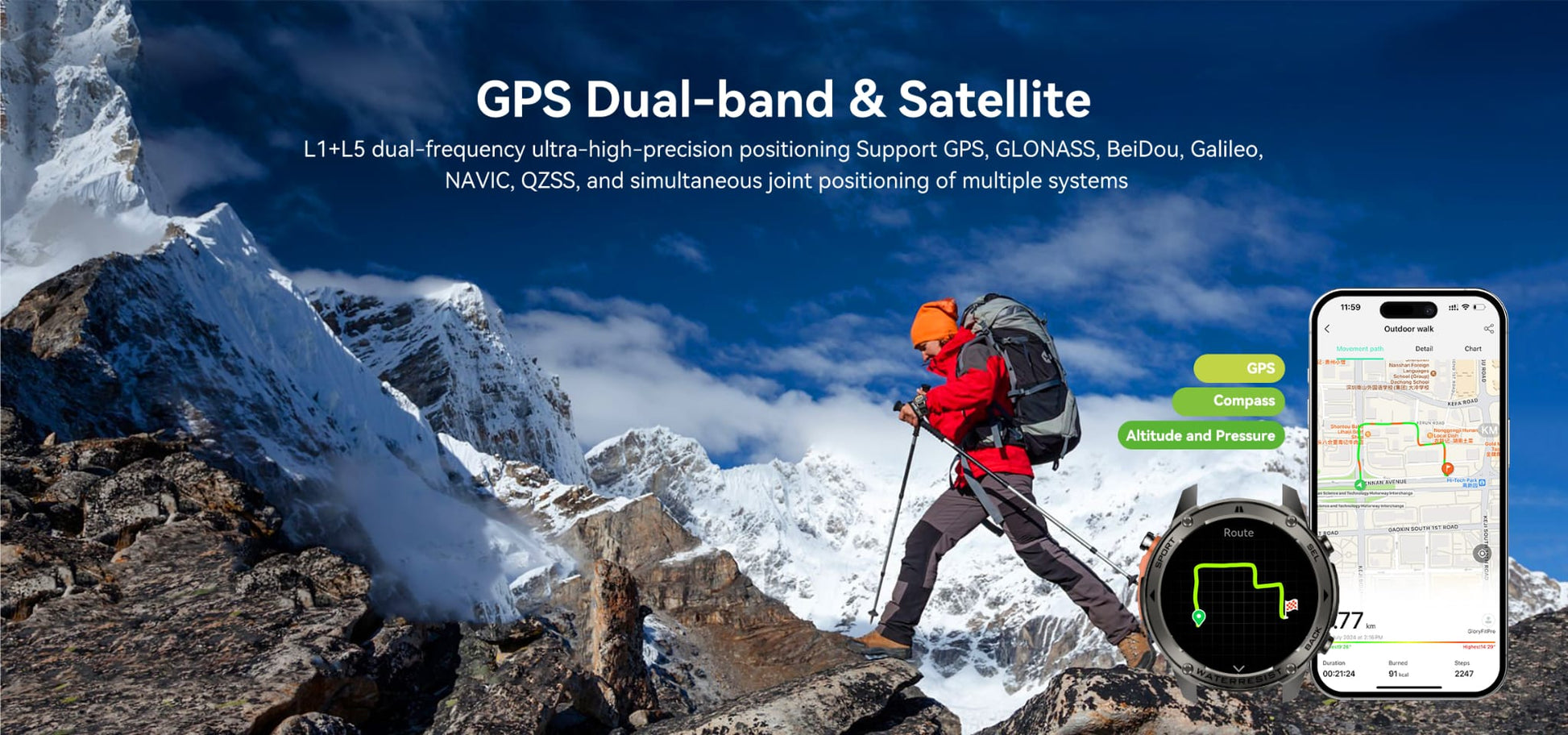 Person hiking on a mountain with GPS device and smartphone displaying map app, emphasizing GPS dual-band and satellite technology.