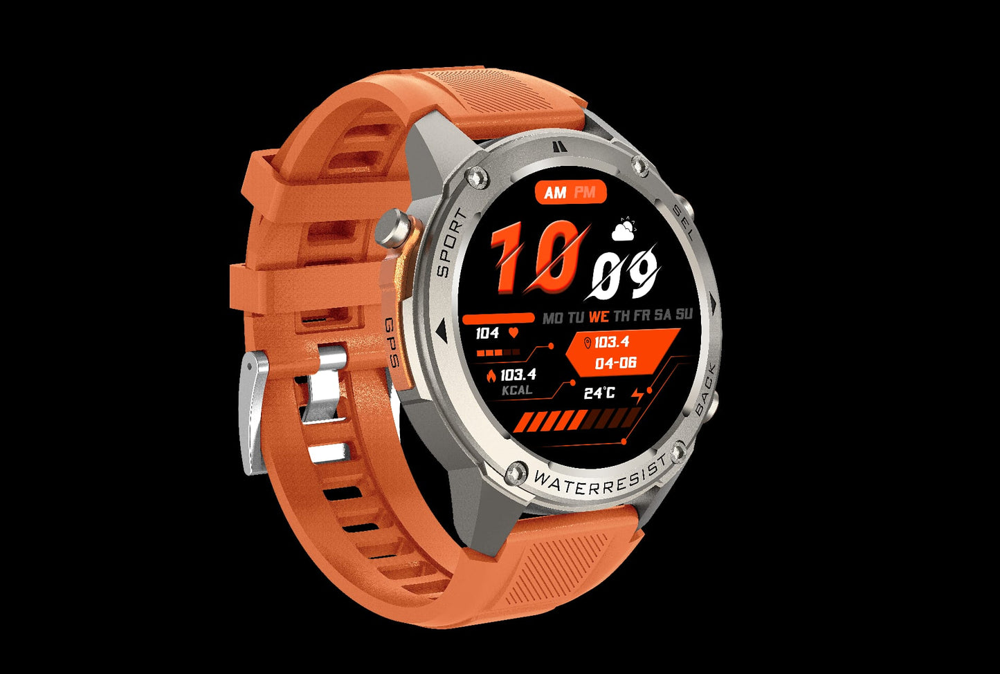 Orange smartwatch with a black screen displaying time and date on a black background