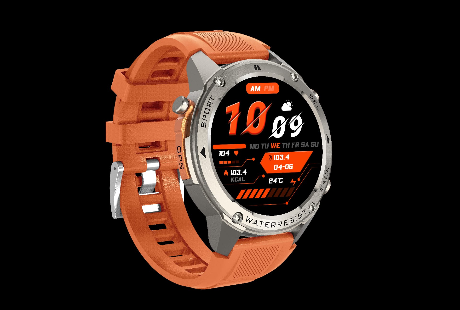 Orange smartwatch with a black screen displaying time and date on a black background