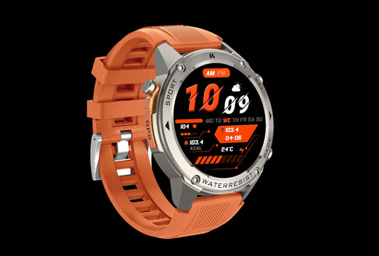 Orange smartwatch with a black screen displaying time and date on a black background