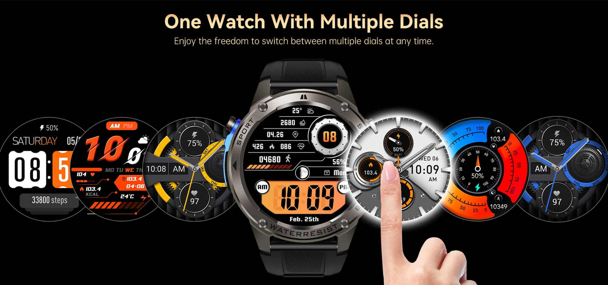 Smartwatch with multiple display options on a black background