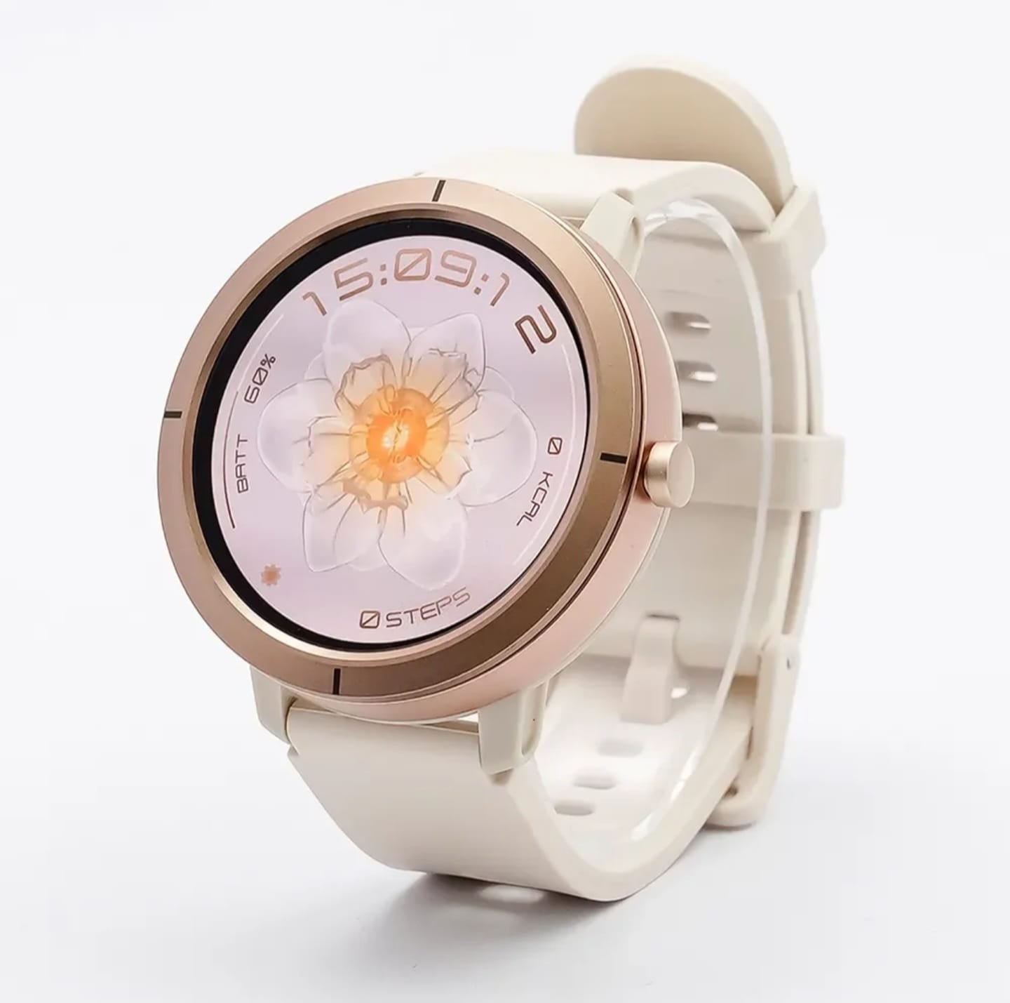 Smartwatch with a white strap on a white background