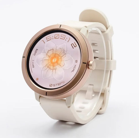 Smartwatch with a white strap on a white background