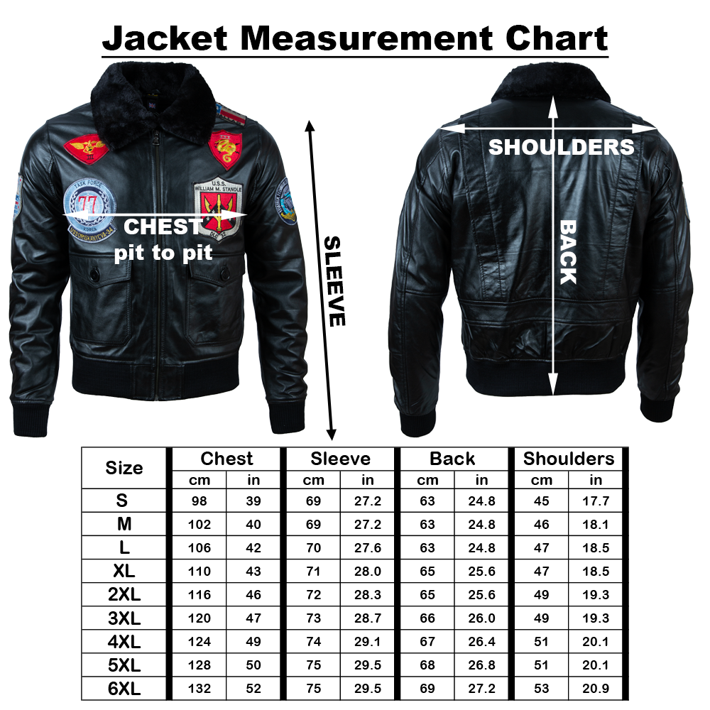 Black leather jacket with measurement chart on a white background