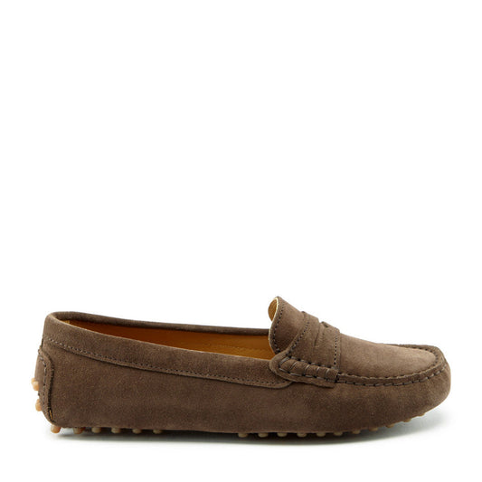 Brown suede loafer on a white background