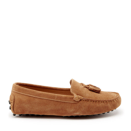 Brown suede loafer with a tassel on a white background