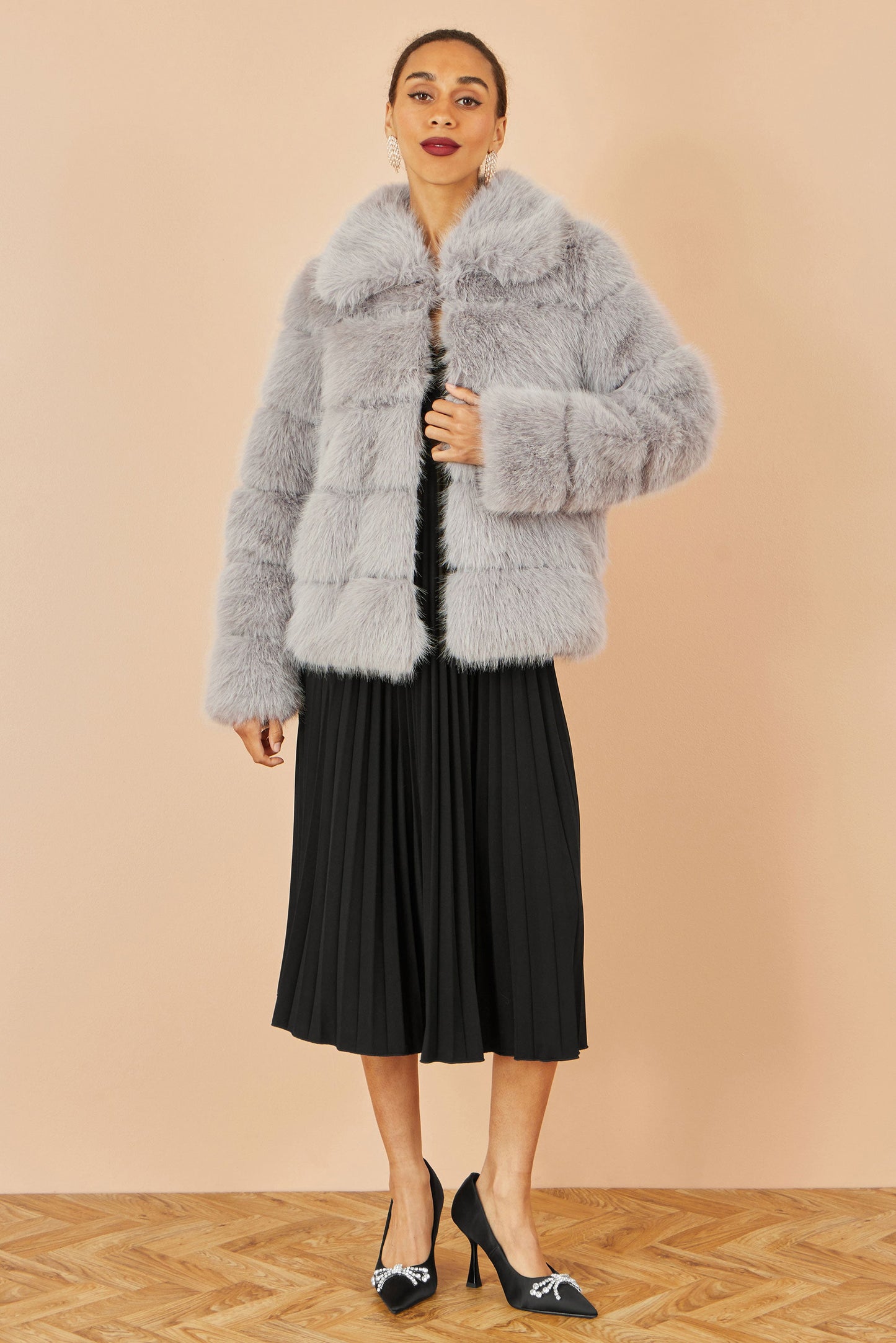Grey Faux Fur Coat with Oversized Collar