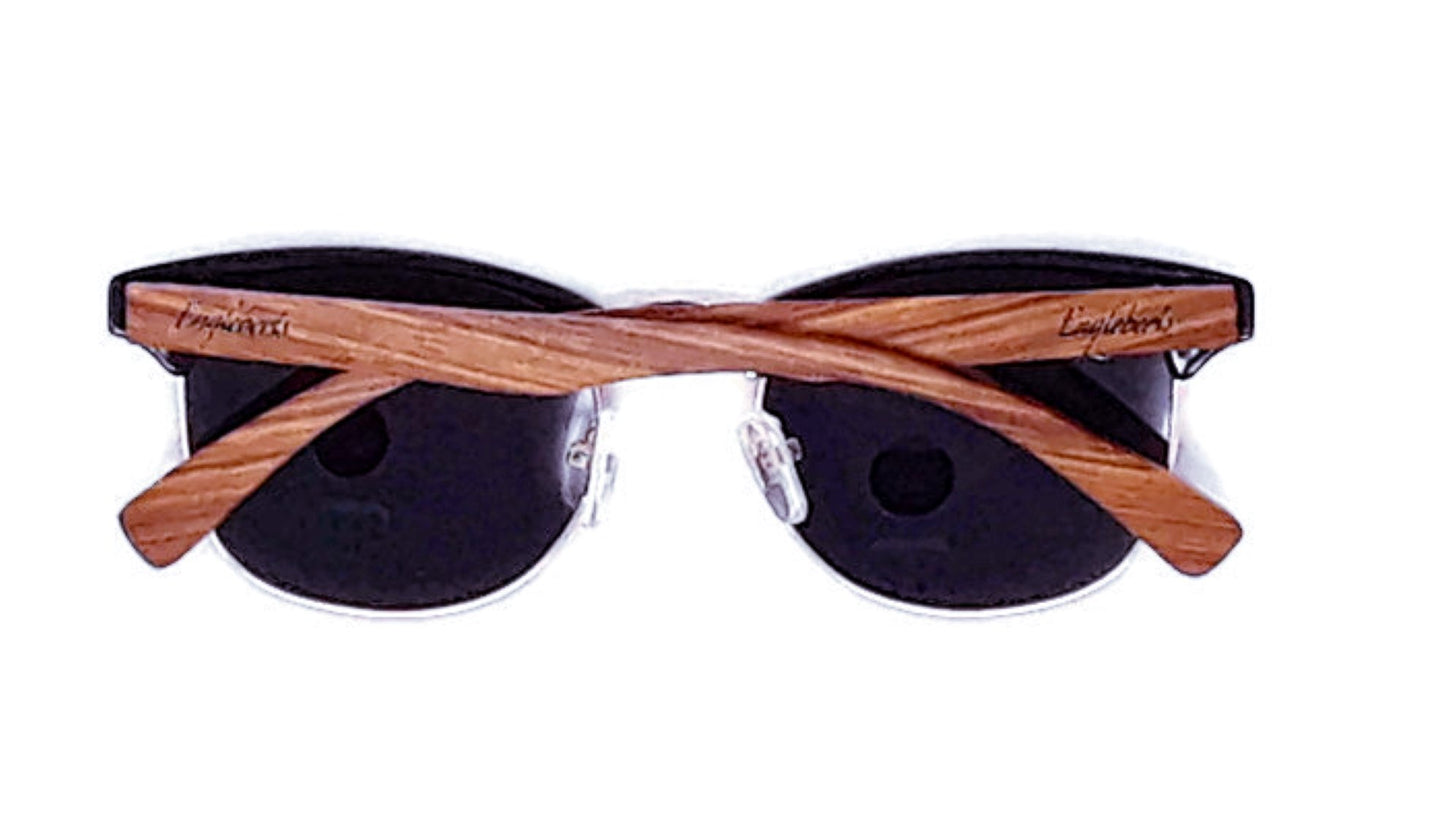 Wooden-framed sunglasses with black lenses on a white background