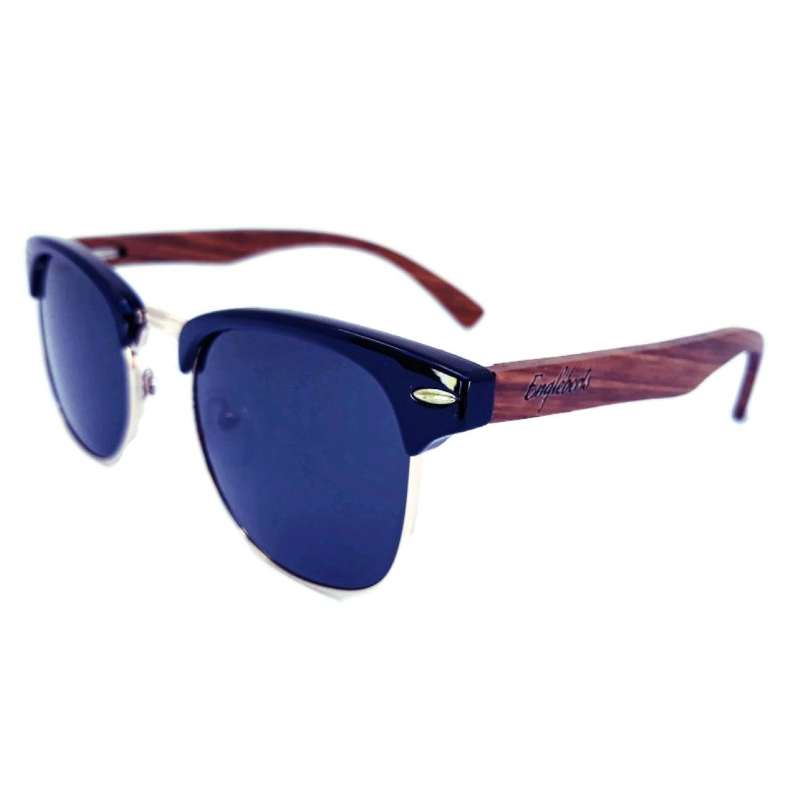 Sunglasses with blue lenses and wooden frame on a white background