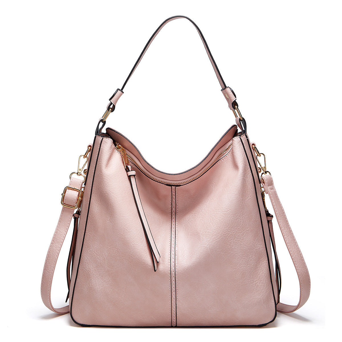 Pink handbag with gold accents on a white background