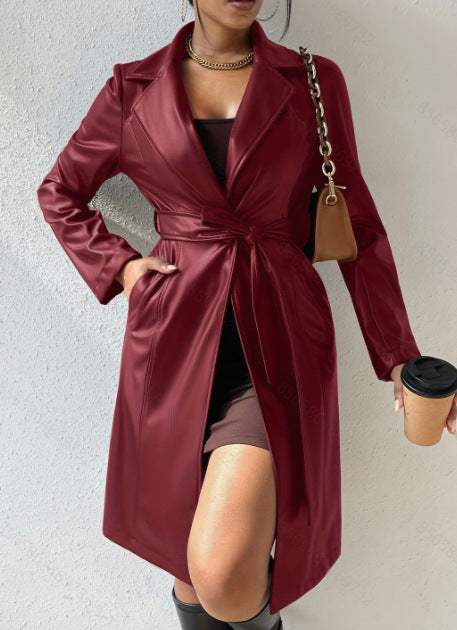 Women's PU Leather Trench Coat with Pockets